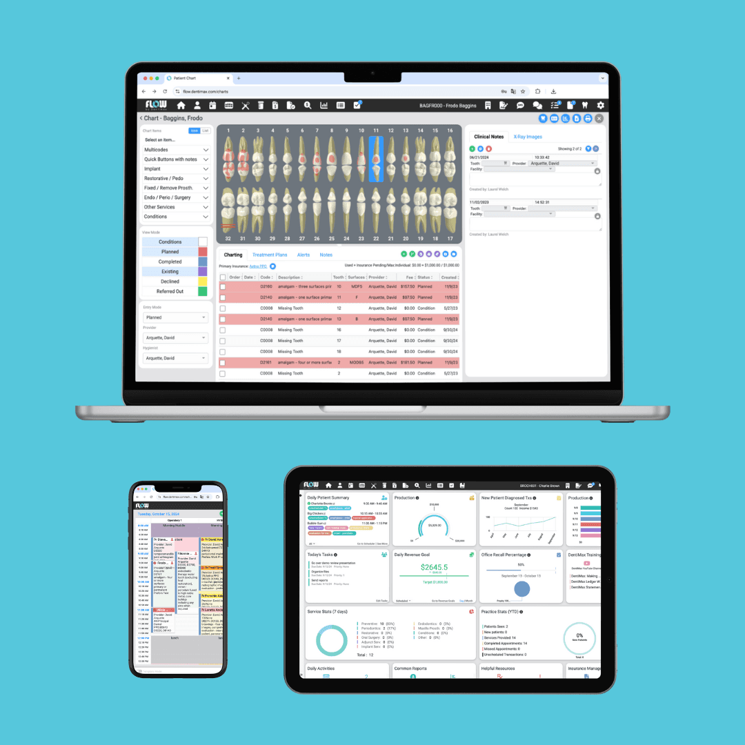 The software provides access to the entire software suite for dental professionals, including appointments, patient records, billing, reports, SMS, documents, and more from any device that has an internet connection. | Image Credit: © DentiMax